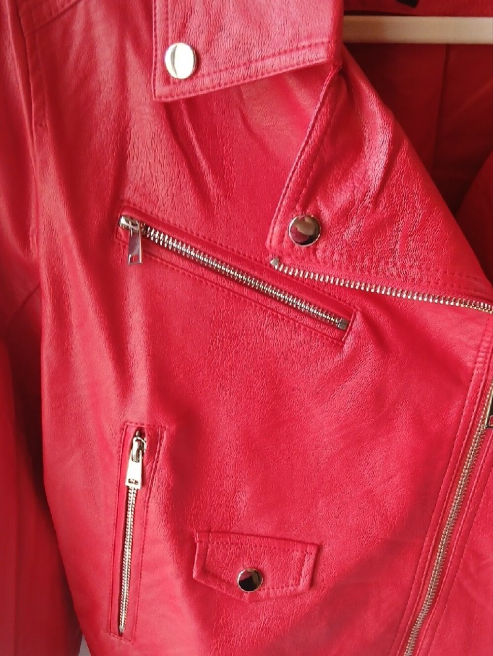 Red Faux Leather Moto Jacket for Women - Picture 3 of 6